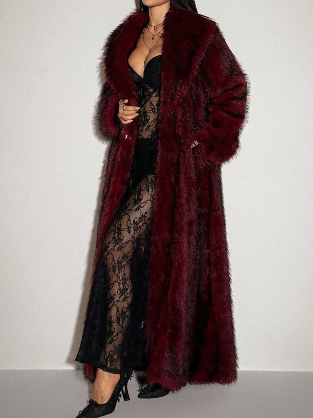 Red Casual Women's Halloween Gothic Party Long Faux Fur Coat - Picture 7 of 7
